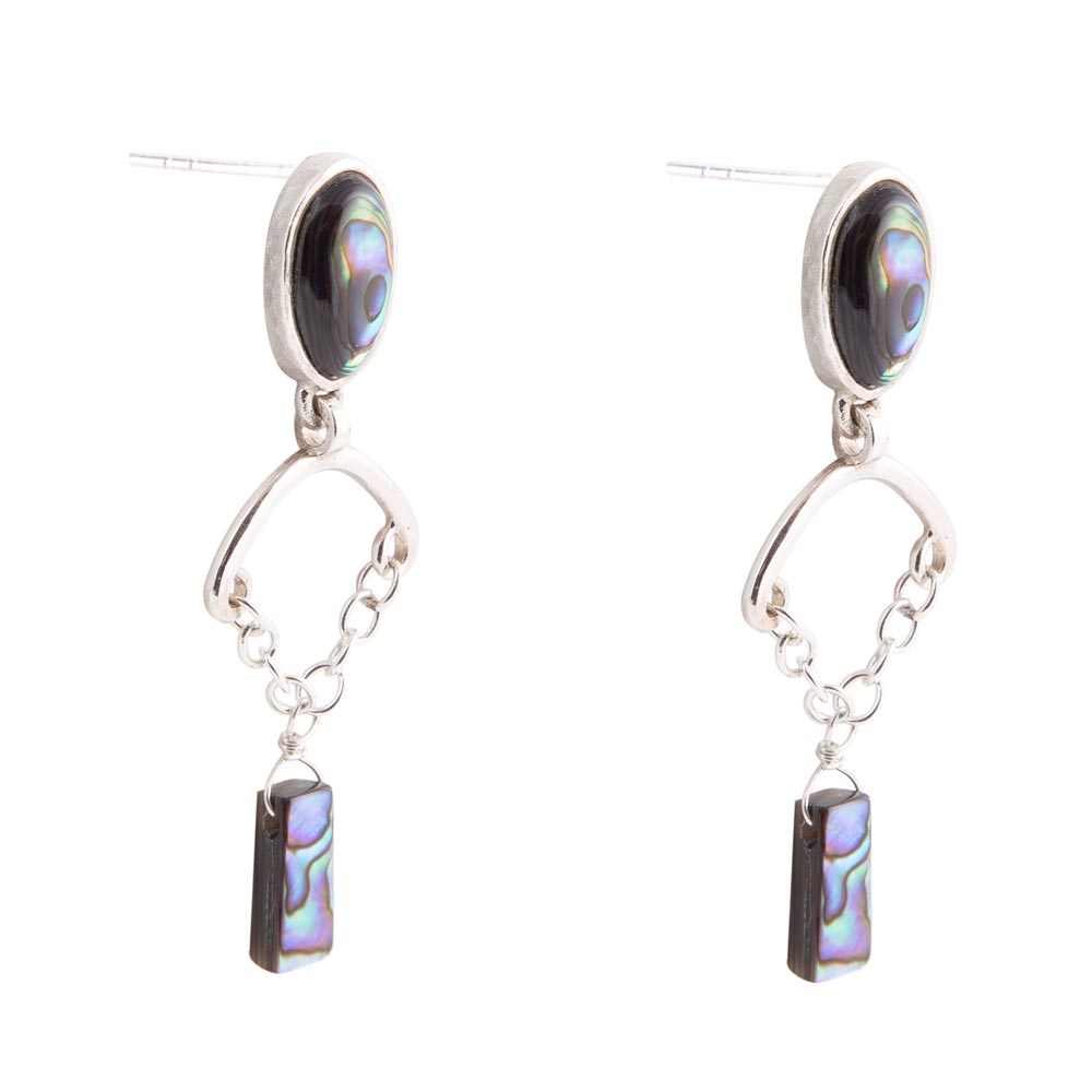 Blue Abalone Drop Chain Sterling Silver Earrings detail view by Barse Jewelry