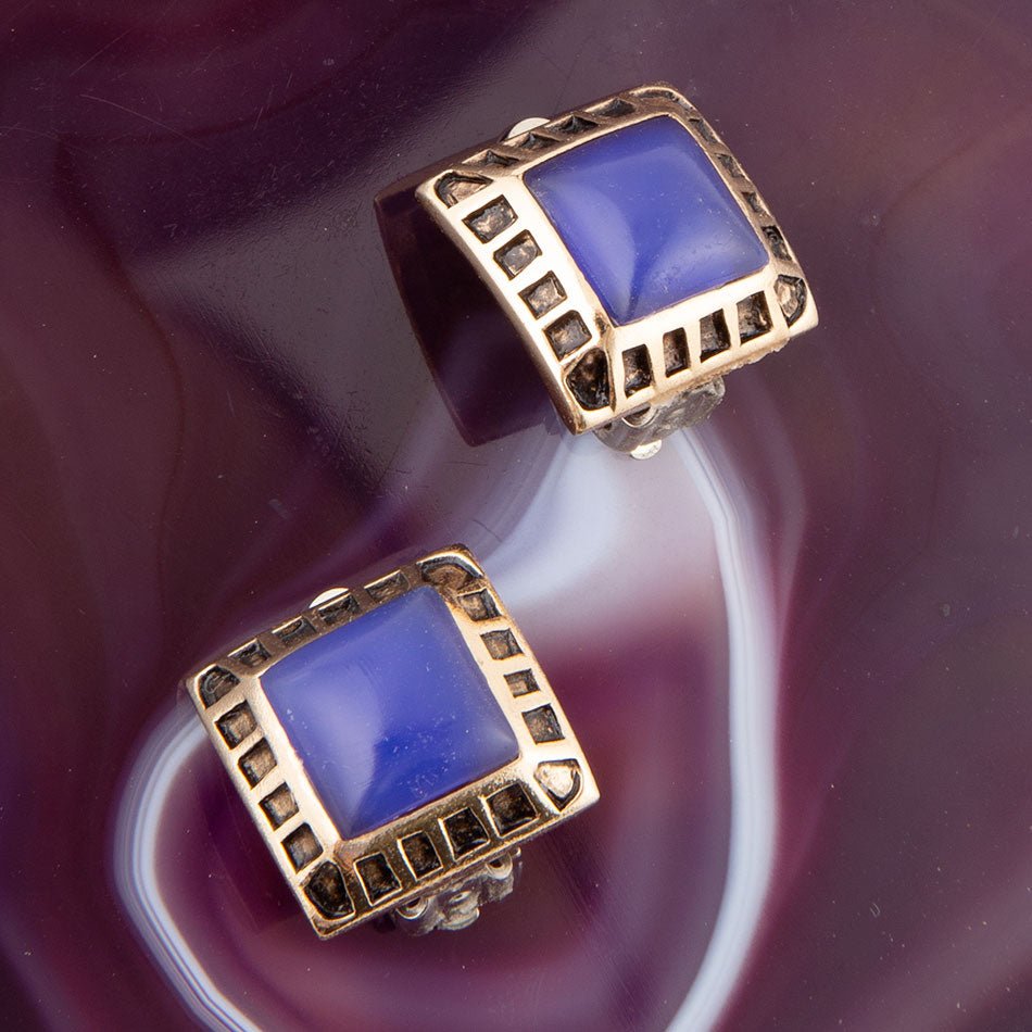 Blue Agate Golden Clip Earrings detail view by Barse Jewelry