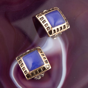 Blue Agate Golden Clip Earrings detail view by Barse Jewelry