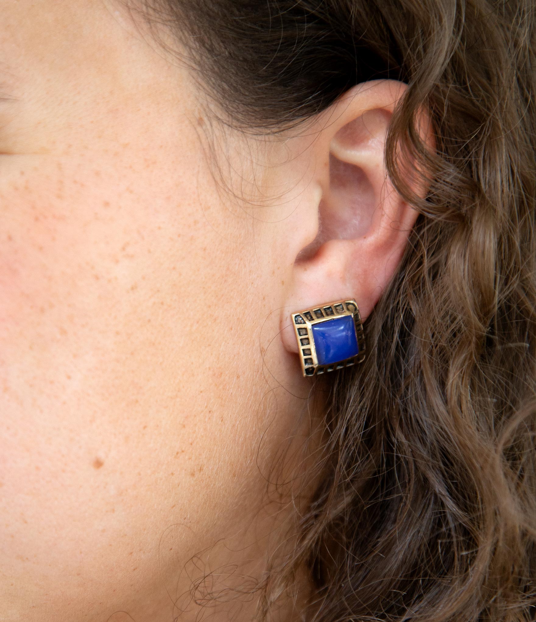 Blue Agate Golden Clip Earrings detail view by Barse Jewelry