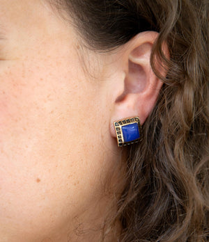 Blue Agate Golden Clip Earrings detail view by Barse Jewelry