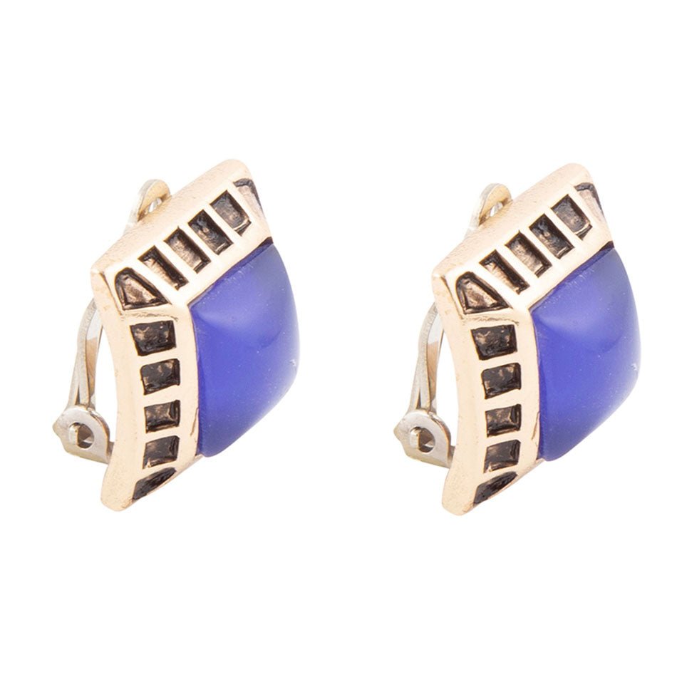 Blue Agate Golden Clip Earrings detail view by Barse Jewelry