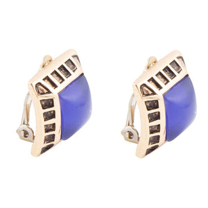 Blue Agate Golden Clip Earrings detail view by Barse Jewelry