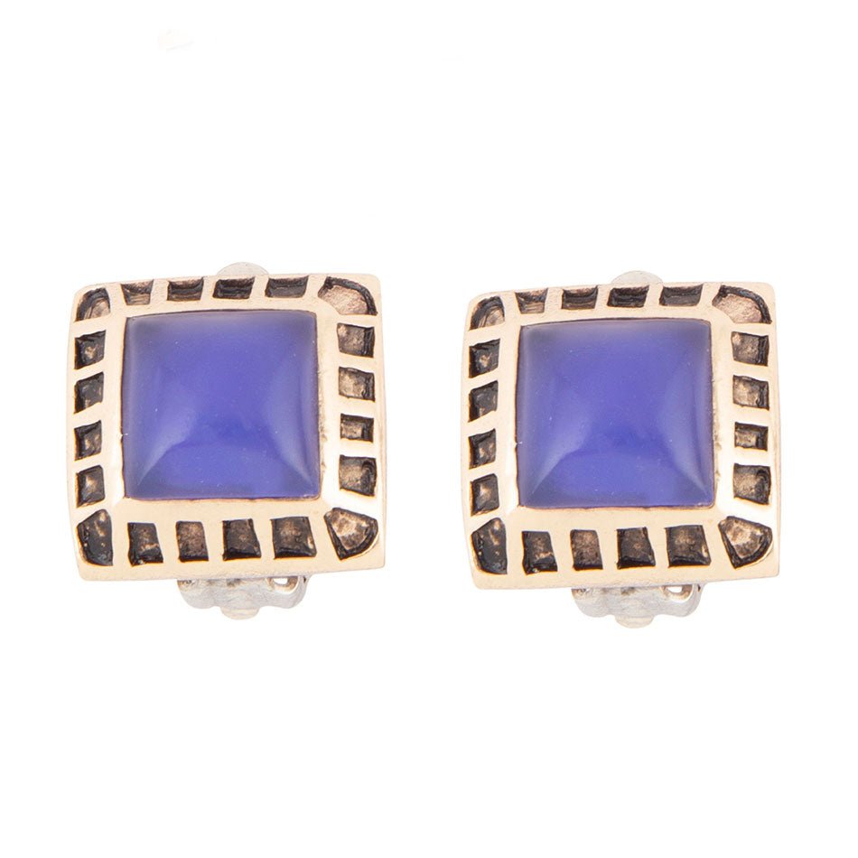 Blue Agate Golden Clip Earrings by Barse Jewelry