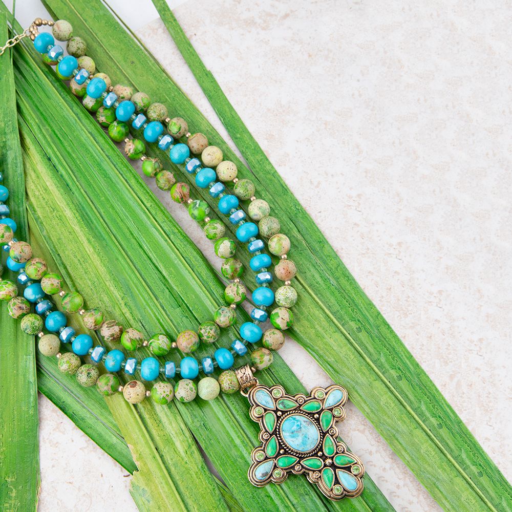Legacy Lime Green and Blue Turquoise Golden Cross Pendant Statement Necklace detail view by Barse Jewelry