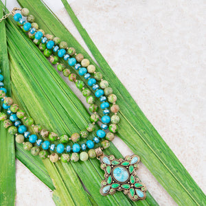Legacy Lime Green and Blue Turquoise Golden Cross Pendant Statement Necklace detail view by Barse Jewelry