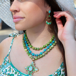 Legacy Lime Green and Blue Turquoise Golden Cross Pendant Statement Necklace detail view by Barse Jewelry