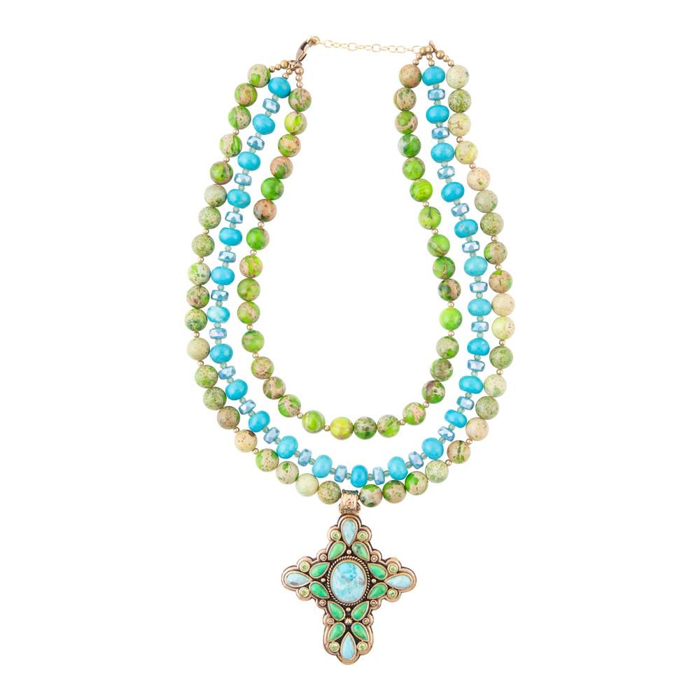 Legacy Lime Green and Blue Turquoise Golden Cross Pendant Statement Necklace detail view by Barse Jewelry