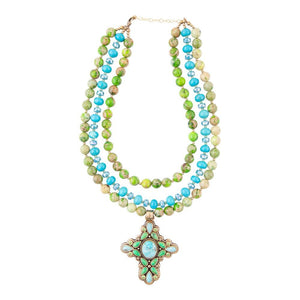 Legacy Lime Green and Blue Turquoise Golden Cross Pendant Statement Necklace detail view by Barse Jewelry