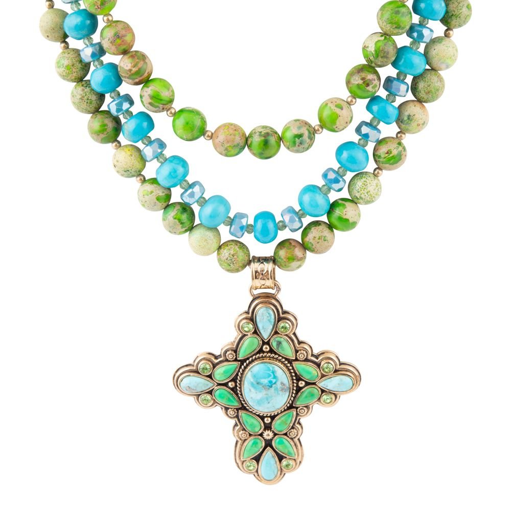 Legacy Lime Green and Blue Turquoise Golden Cross Pendant Statement Necklace by Barse Jewelry