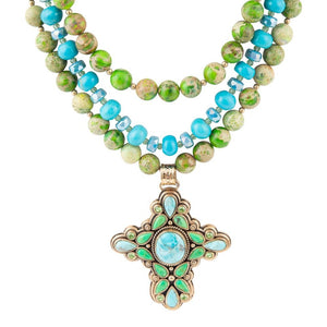 Legacy Lime Green and Blue Turquoise Golden Cross Pendant Statement Necklace by Barse Jewelry