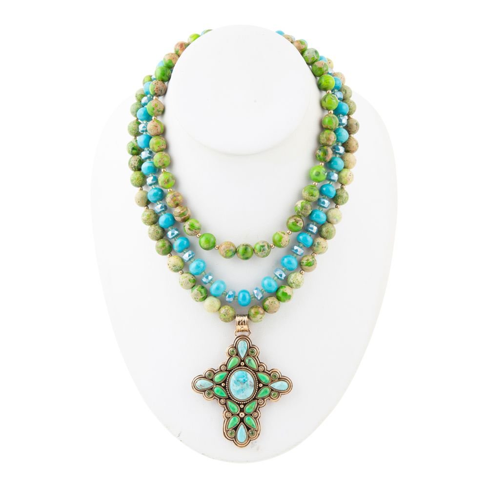 Legacy Lime Green and Blue Turquoise Golden Cross Pendant Statement Necklace detail view by Barse Jewelry