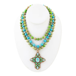 Legacy Lime Green and Blue Turquoise Golden Cross Pendant Statement Necklace detail view by Barse Jewelry