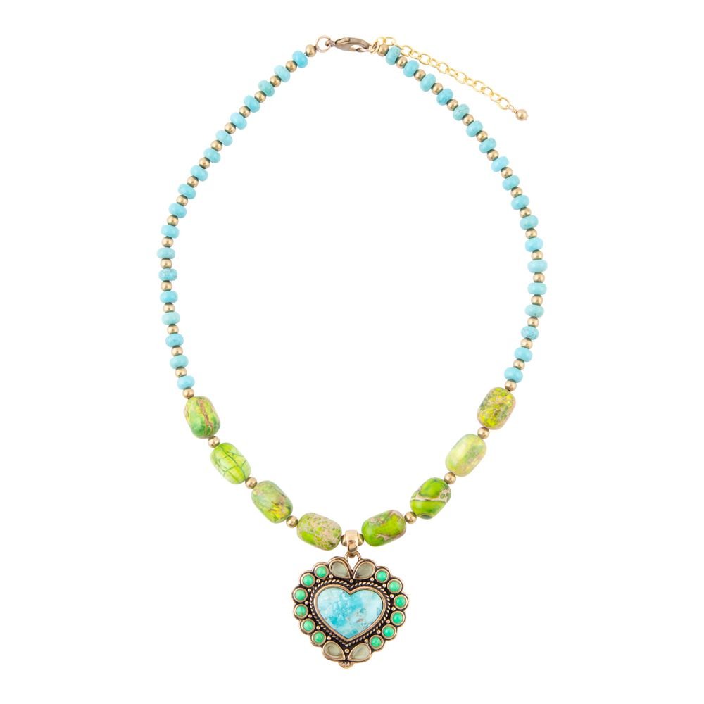 Legacy Heart Lime Green and Blue Turquoise Golden Pendant Necklace detail view by Barse Jewelry