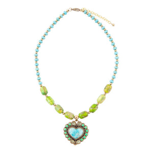 Legacy Heart Lime Green and Blue Turquoise Golden Pendant Necklace detail view by Barse Jewelry