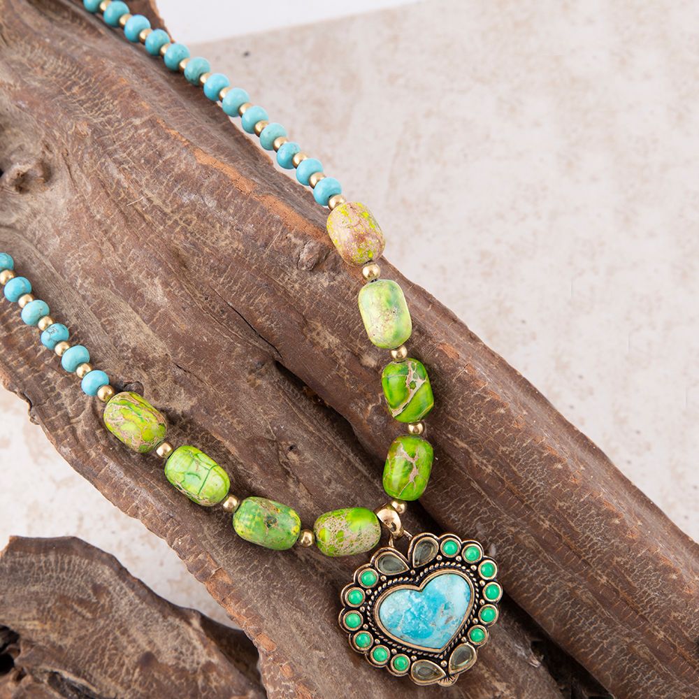 Legacy Heart Lime Green and Blue Turquoise Golden Pendant Necklace detail view by Barse Jewelry