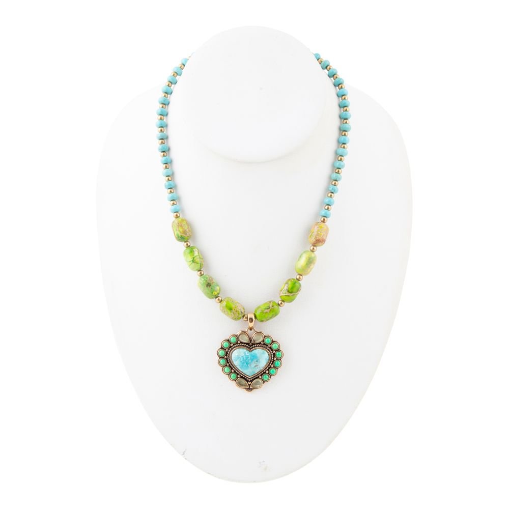 Legacy Heart Lime Green and Blue Turquoise Golden Pendant Necklace detail view by Barse Jewelry