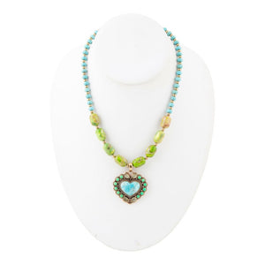 Legacy Heart Lime Green and Blue Turquoise Golden Pendant Necklace detail view by Barse Jewelry