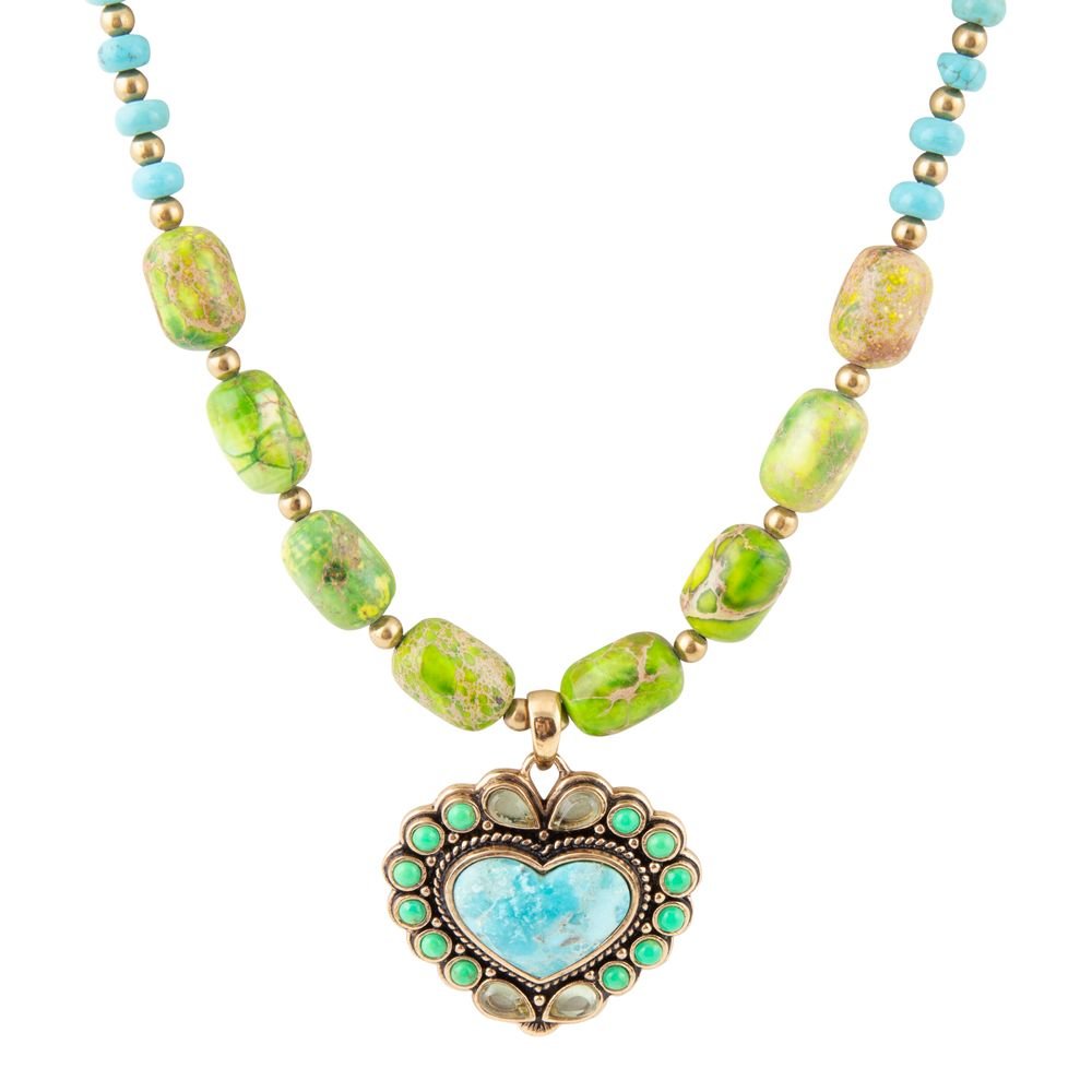 Legacy Heart Lime Green and Blue Turquoise Golden Pendant Necklace by Barse Jewelry