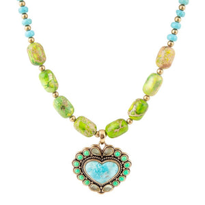 Legacy Heart Lime Green and Blue Turquoise Golden Pendant Necklace by Barse Jewelry