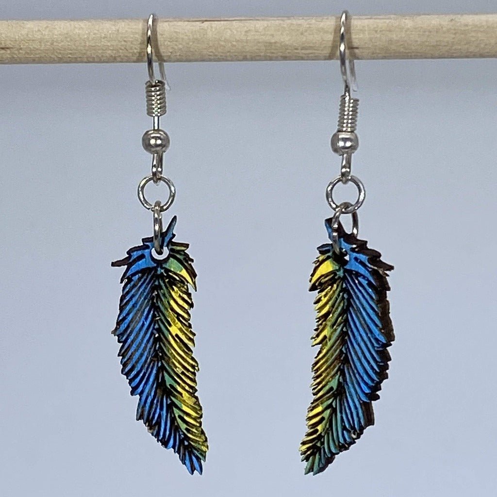 Feather Wooden Earrings | Blue Yellow Boho Jewelry by Cate's Concepts, LLC, handmade jewelry detail photo 2