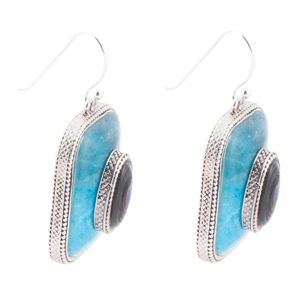 Blue Apatite and Abalone Stacked Sterling Silver Earrings detail view by Barse Jewelry