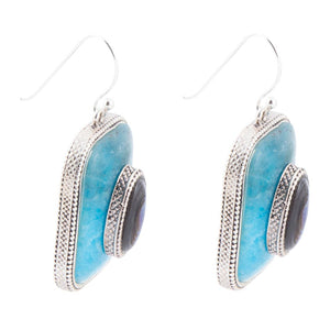 Blue Apatite and Abalone Stacked Sterling Silver Earrings detail view by Barse Jewelry