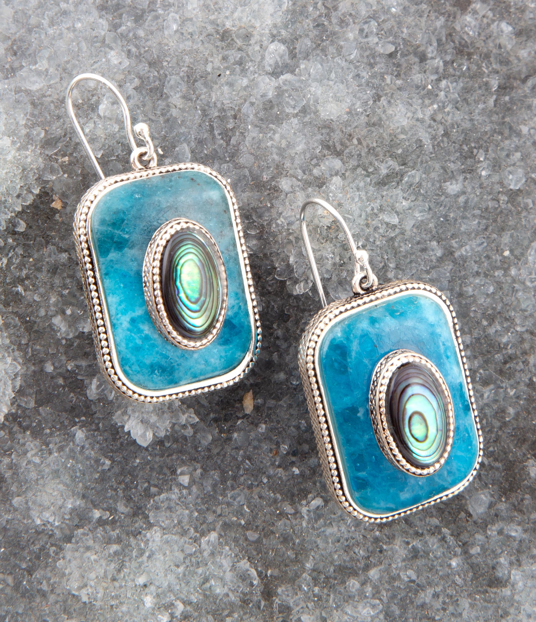 Blue Apatite and Abalone Stacked Sterling Silver Earrings detail view by Barse Jewelry