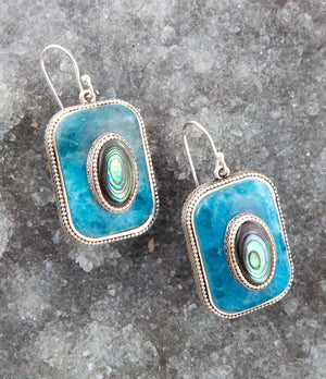 Blue Apatite and Abalone Stacked Sterling Silver Earrings detail view by Barse Jewelry