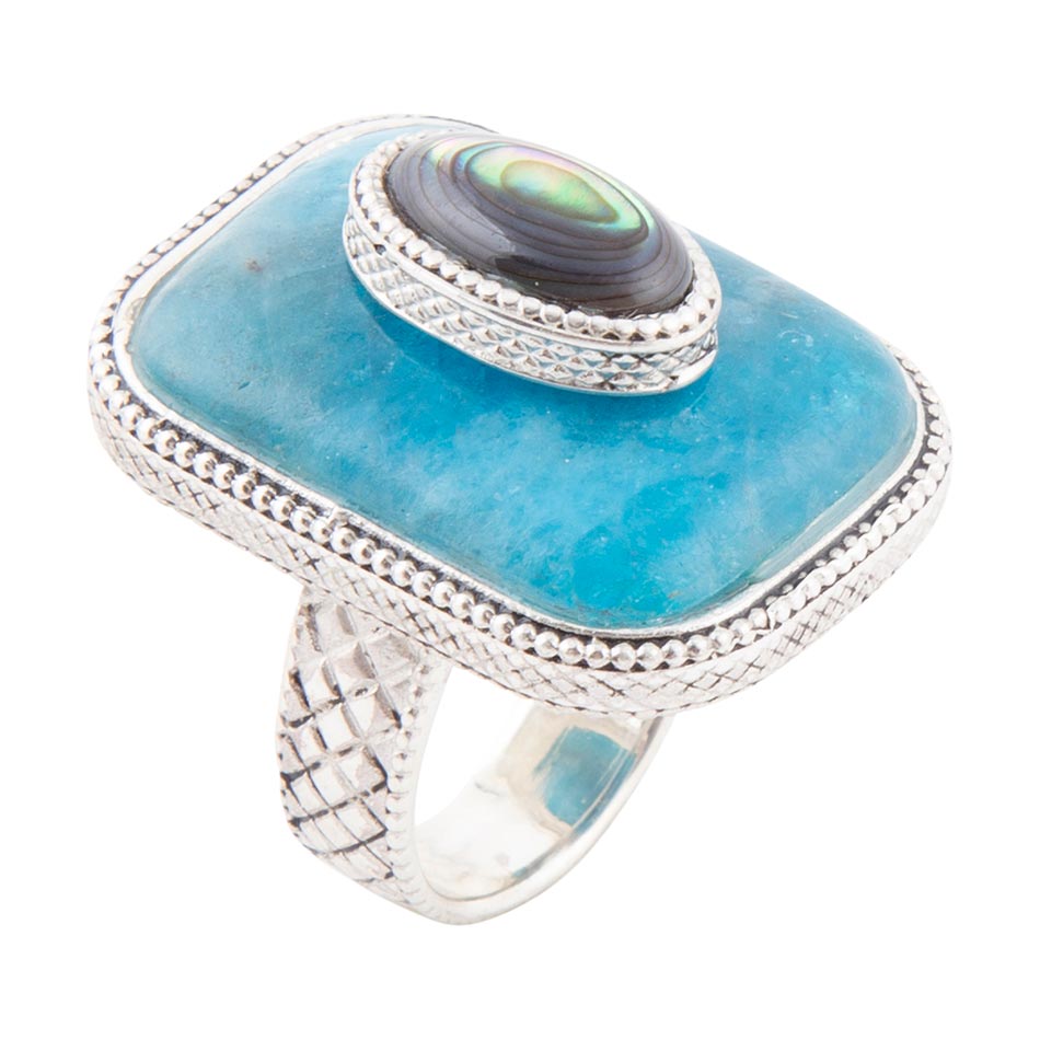 Blue Apatite and Abalone Stacked Sterling Silver Ring by Barse Jewelry