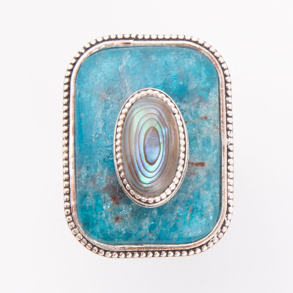 Blue Apatite and Abalone Stacked Sterling Silver Ring detail view by Barse Jewelry