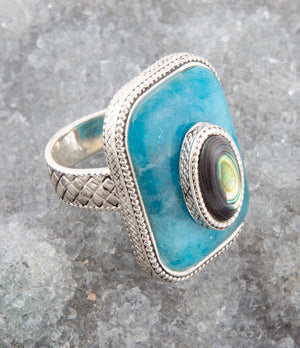 Blue Apatite and Abalone Stacked Sterling Silver Ring detail view by Barse Jewelry