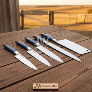 Blue Wood Damascus Chef Knife Set: 5-Piece Handmade Collection detail view by JW SteelCrafts