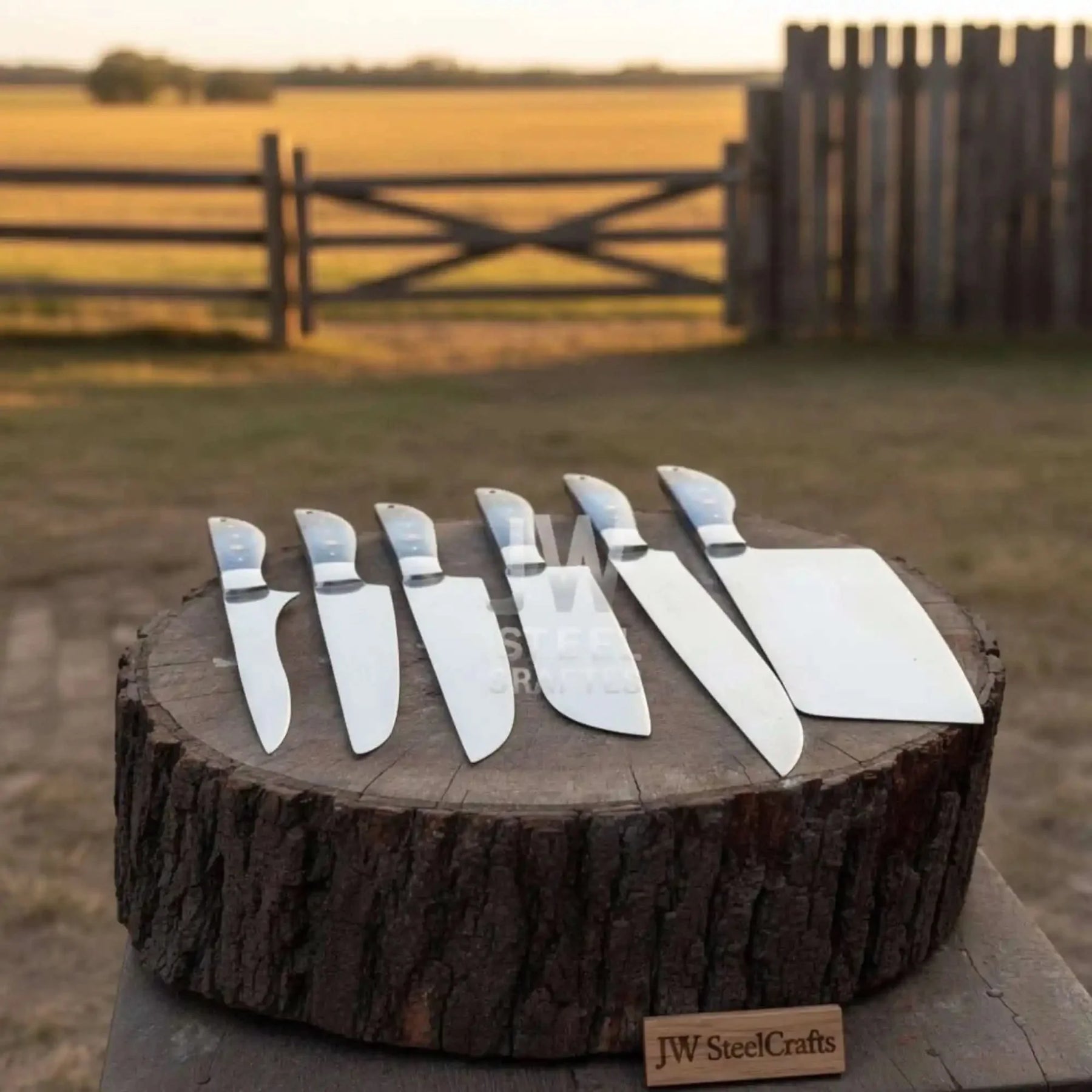 Blue Wood Damascus Chef Knife Set: 5-Piece Handmade Collection detail view by JW SteelCrafts