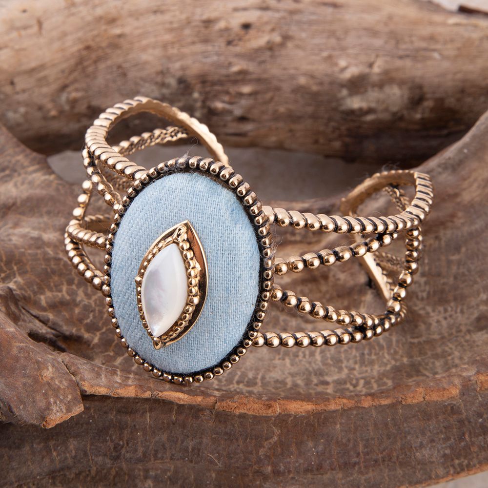 Blue Denim Dreams White Mother of Pearl Golden Cuff Bracelet detail view by Barse Jewelry