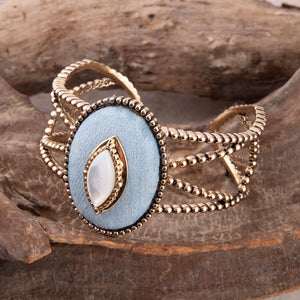 Blue Denim Dreams White Mother of Pearl Golden Cuff Bracelet detail view by Barse Jewelry