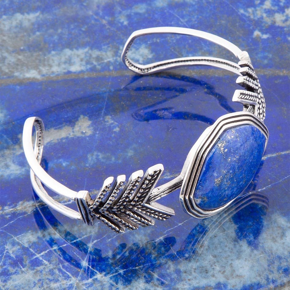 Blue Lapis and Sterling Silver Statement Cuff detail view by Barse Jewelry