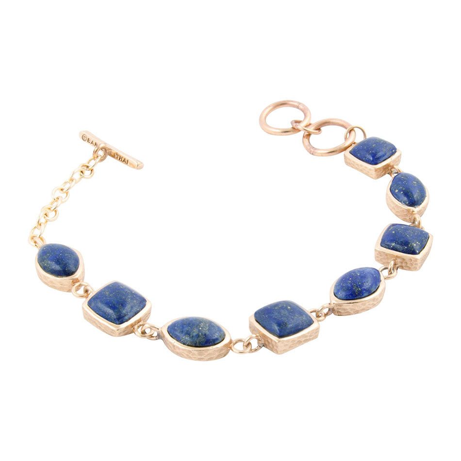 Blue Lapis Hammered Link Golden Bracelet detail view by Barse Jewelry