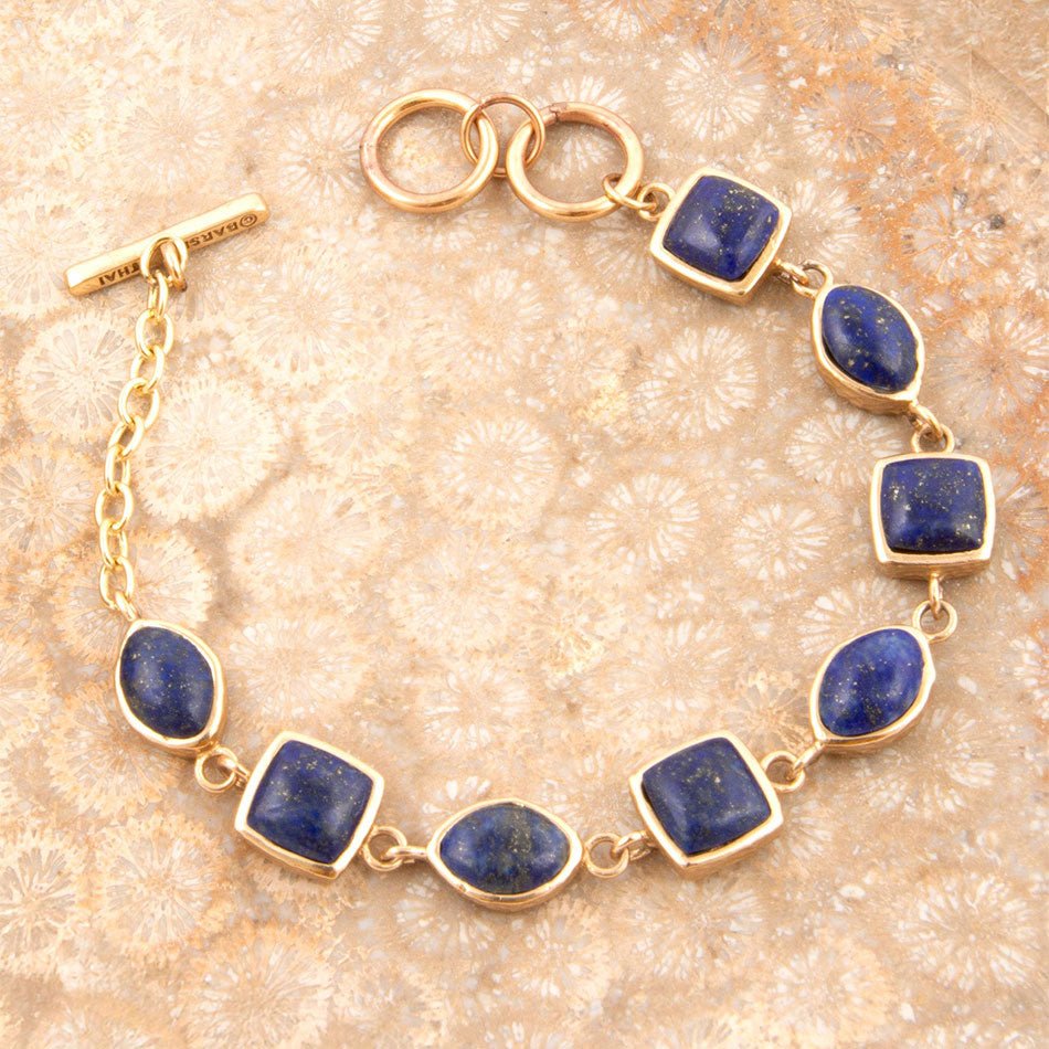 Blue Lapis Hammered Link Golden Bracelet detail view by Barse Jewelry