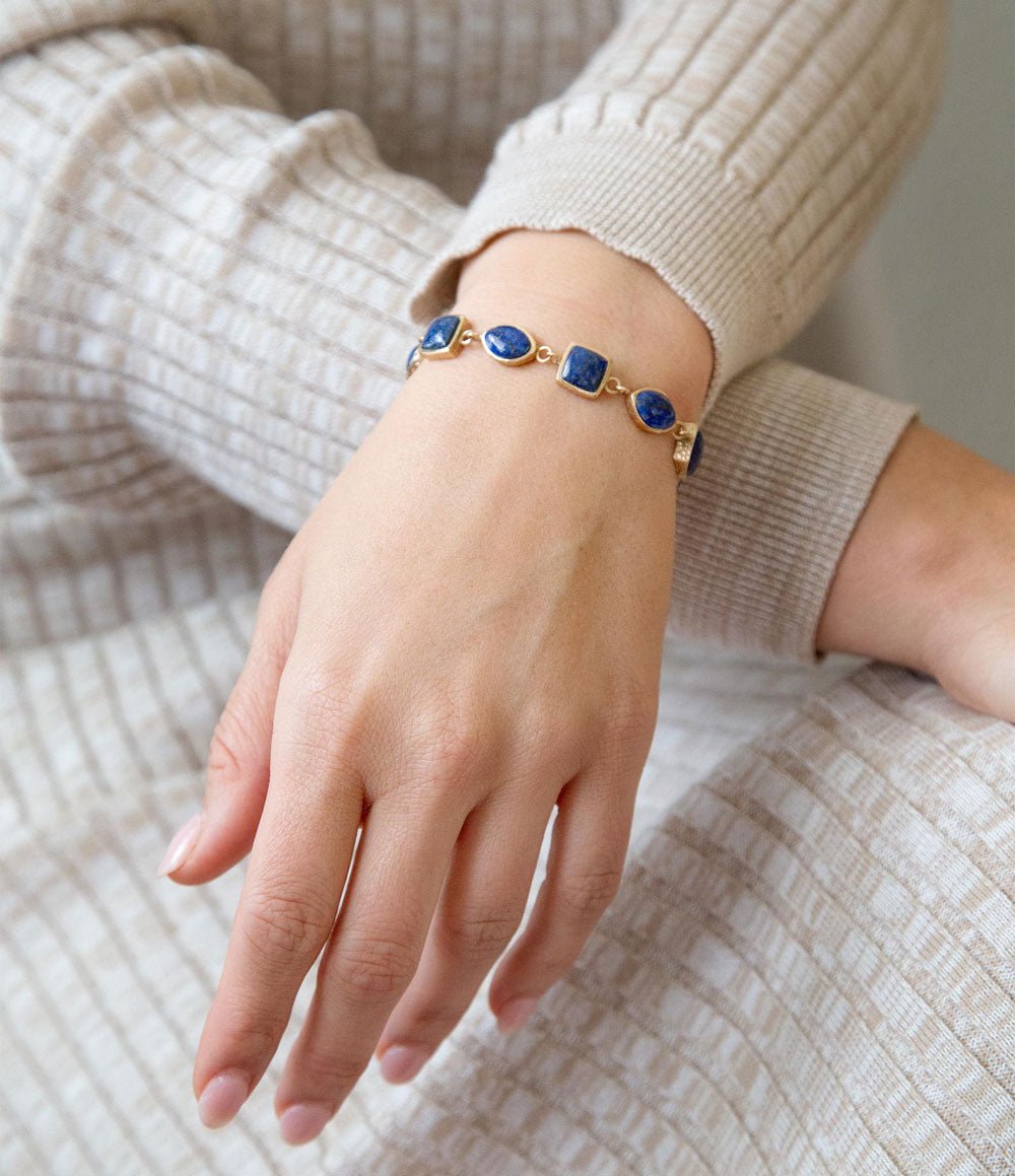 Blue Lapis Hammered Link Golden Bracelet detail view by Barse Jewelry