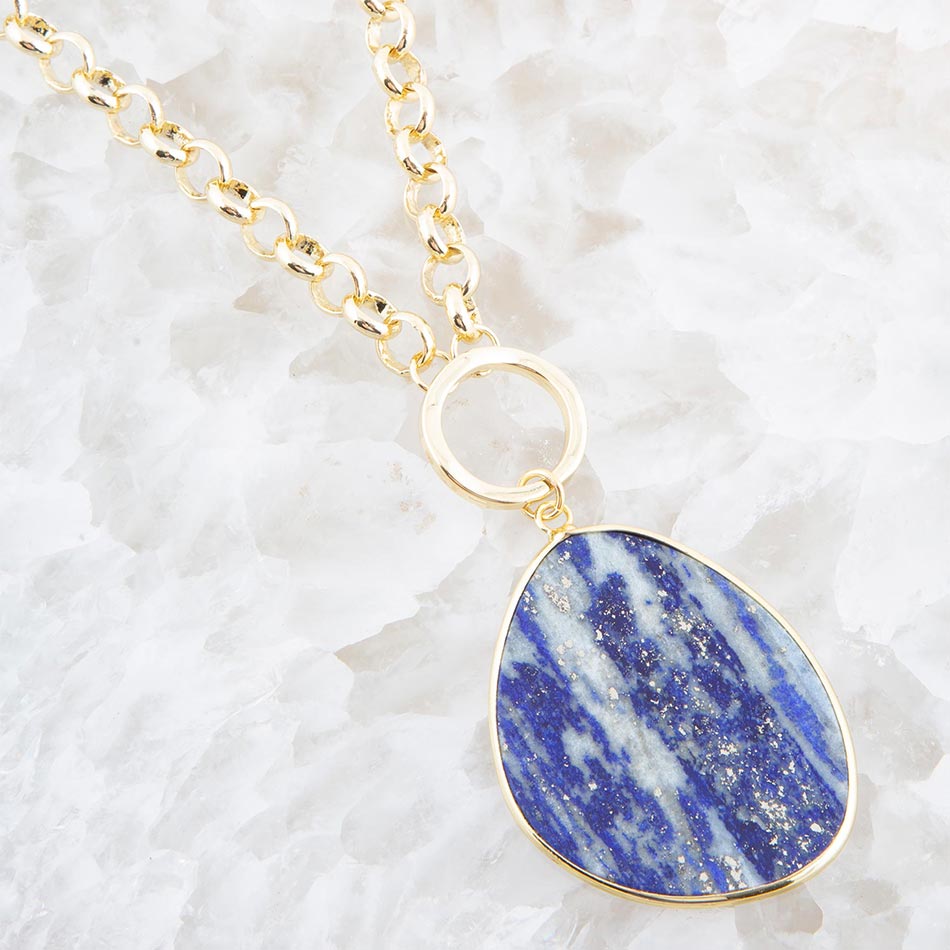 Blue Lapis Slab Pendant Golden Necklace detail view by Barse Jewelry