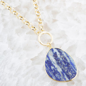 Blue Lapis Slab Pendant Golden Necklace detail view by Barse Jewelry