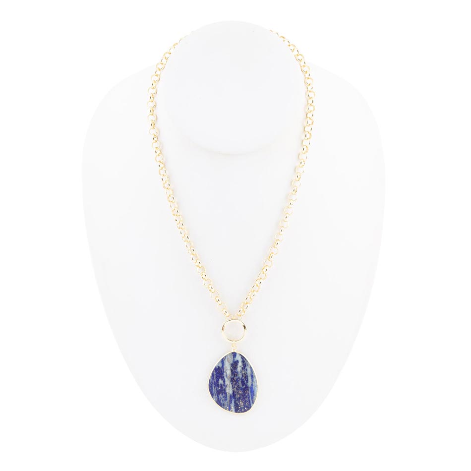 Blue Lapis Slab Pendant Golden Necklace detail view by Barse Jewelry