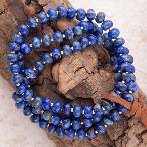 Blue Lapis Triple Strand Golden Bracelet Set detail view by Barse Jewelry