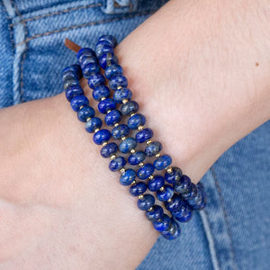 Blue Lapis Triple Strand Golden Bracelet Set detail view by Barse Jewelry