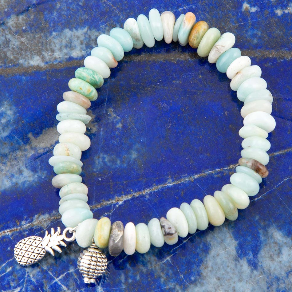 Blue Mint Amazonite and Silver Charm Stretch Bracelet detail view by Barse Jewelry