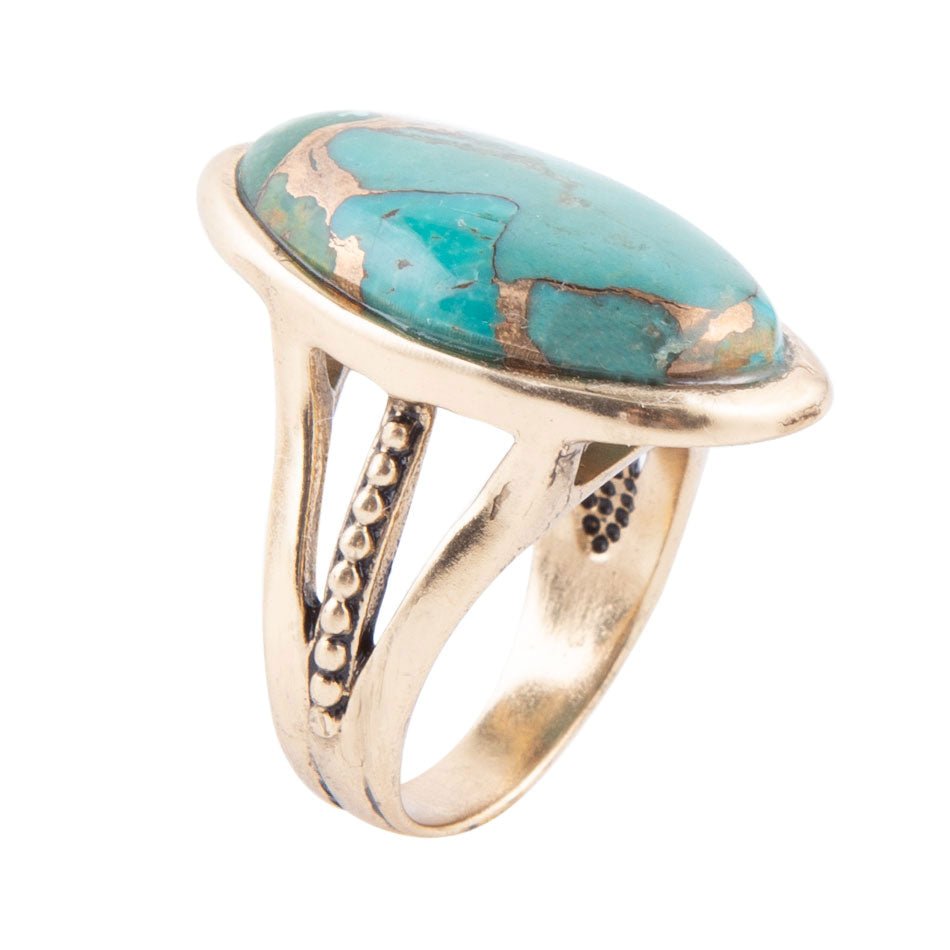 Blue Turquoise and Bronze Matrix Golden Oval Ring by Barse Jewelry