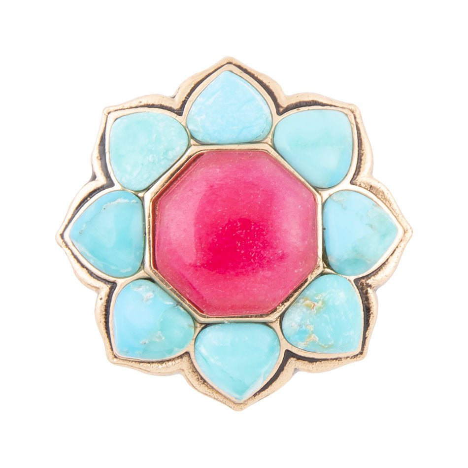 Blue Turquoise and Red Quartz Flower Golden Ring detail view by Barse Jewelry