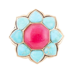 Blue Turquoise and Red Quartz Flower Golden Ring detail view by Barse Jewelry