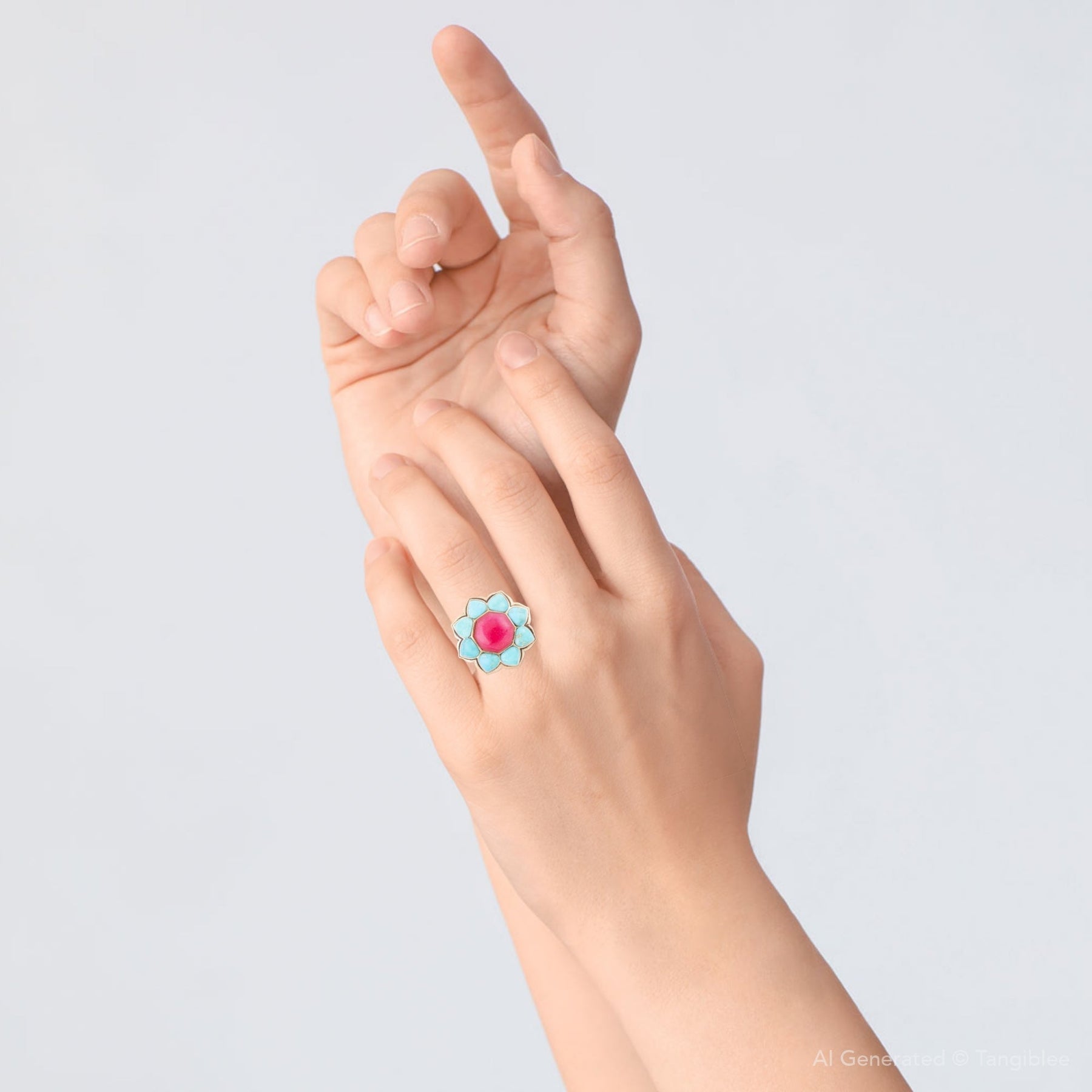 Blue Turquoise and Red Quartz Flower Golden Ring detail view by Barse Jewelry